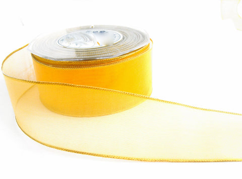 R1249 40mm Yellow Water Resistant Sheer Ribbon with Metallic Gold Borders. Wire Edge