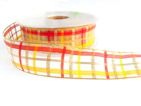 R1274C 27mm Metallic Gold ,Yellow and Red Sheer Check Ribbon