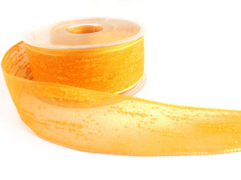 R1503 38mm Pale Saffron Gold Feather Sheer Ribbon. Wire Edge, Berisfords