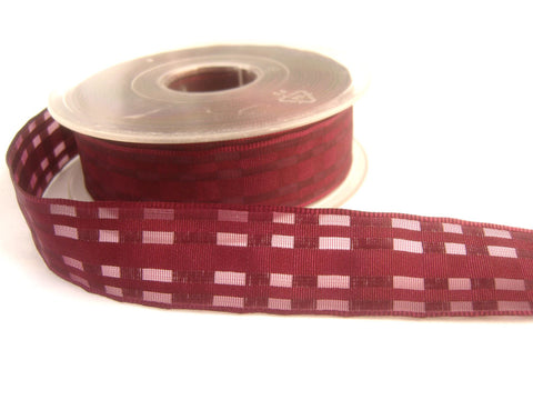 R2045 25mm Deep Wine Sheer Check Ribbon. Wire Edge