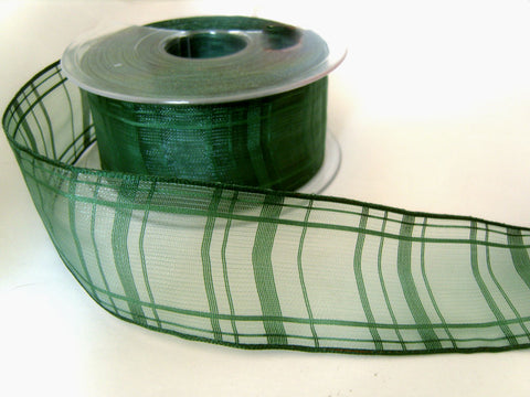 R2048 40mm Misty Holly Green Sheer Check Ribbon. Wire Edge