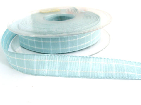 R2102 15mm Sky Blue and White Polyester Check Gingham Ribbon by Berisfords