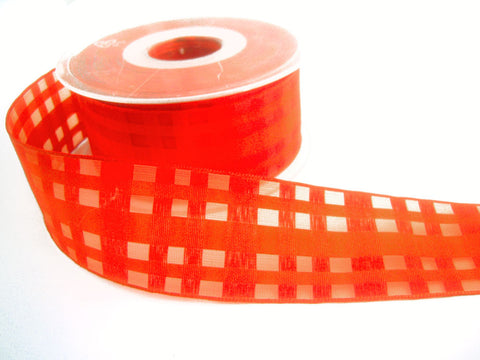 R2816 38mm Flame Orange Fine Grosgrain and Sheer Check Ribbon