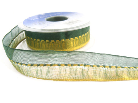 R5589 25mm Green and Gold Shot Sheer Ribbon with a Gimp Stitch