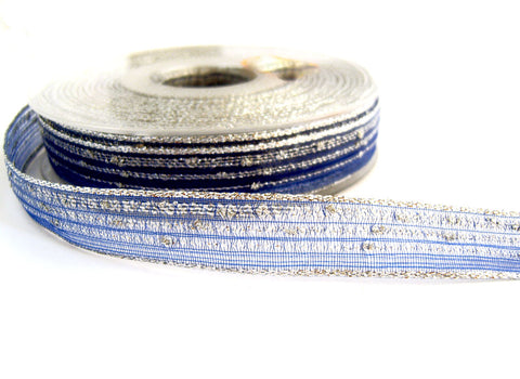 R5702 15mm Royal Blue and Silver Sheer Ribbon with Metallic Silver Stripes