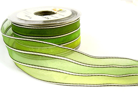 R5745 40mm Greens, Black and White Striped Sheer Ribbon by Berisfords