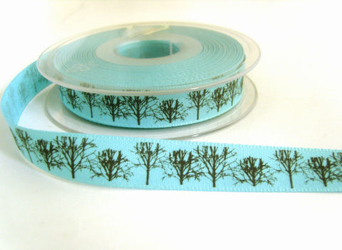 R7278 15mm Blue Rustic Taffeta Ribbon, Printed Black Woodland Design