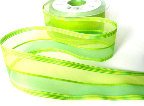 R7461 40mm Greens Sheer and Silk Striped Ribbon by Berisfords