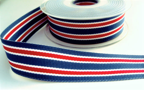 R8314 27mm Blue-Red-White Double Face Stripe Grosgrain Ribbon,Berisfords