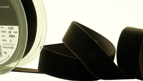 R9046 22mm Black Coffee (Darkest Brown) Nylon Velvet Ribbon by Berisfords