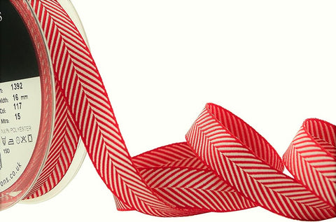 R9110 16mm Red-White Herringbone Woven Jacquard Ribbon, Berisfords