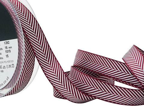 R9197 16mm Burgundy and White Herringbone Woven Jacquard Ribbon