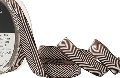 R9200 16mm Brown and White Herringbone Woven Jacquard Ribbon